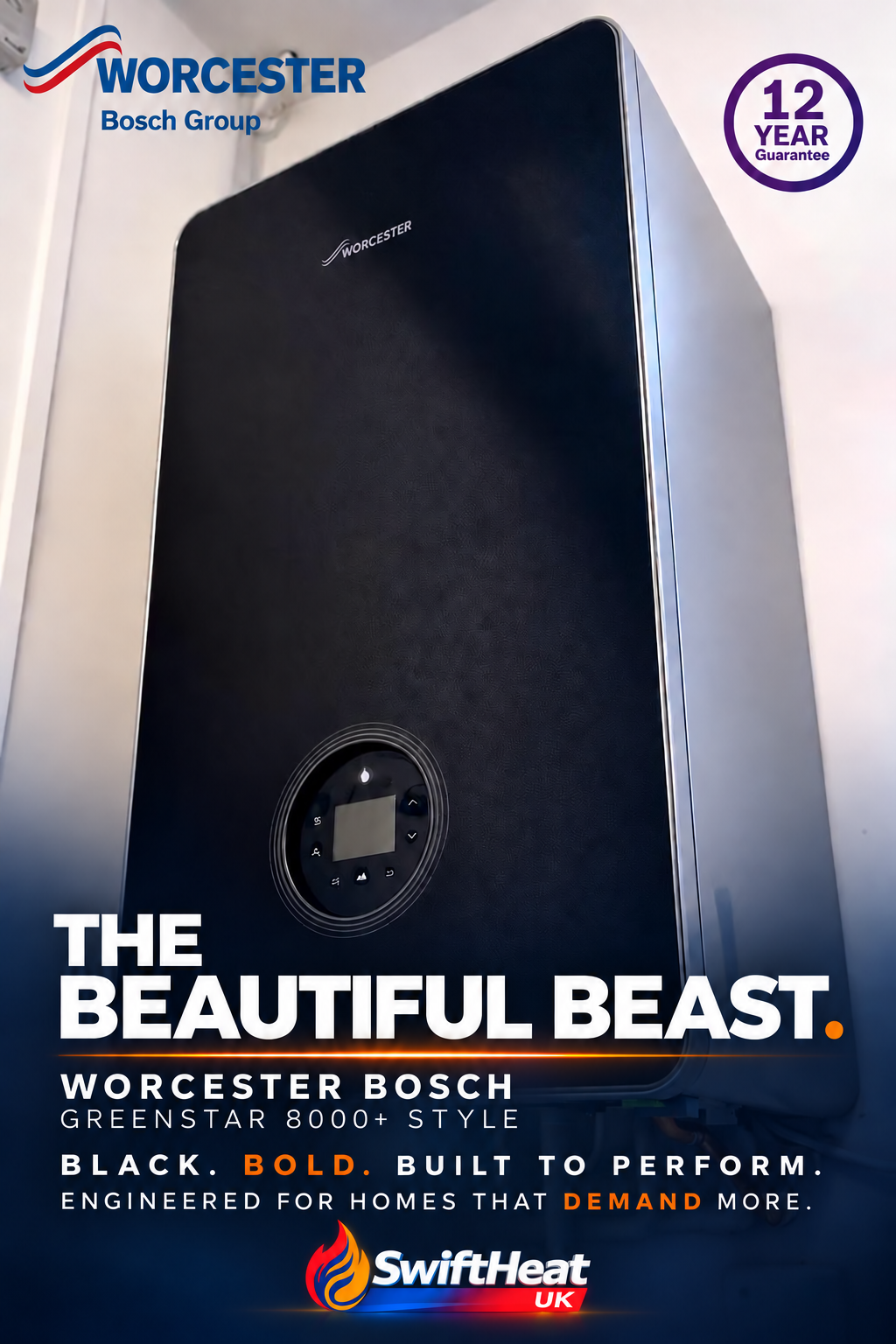 SwiftHeat UK showcase of the black Worcester Bosch Greenstar 8000+ Style boiler, with Worcester Bosch branding and a 12-year guarantee badge